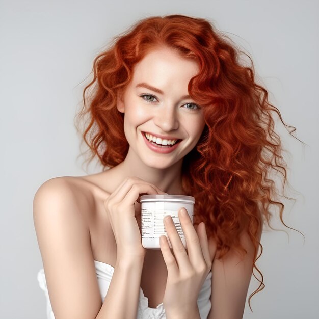 Charming redhaired woman with shiny pure skin with daily cream in jar on white AI generative