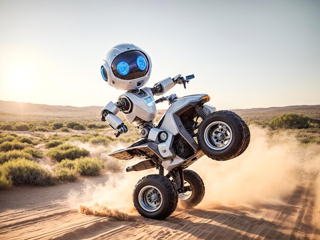 a charming robot performing ATV wheelie