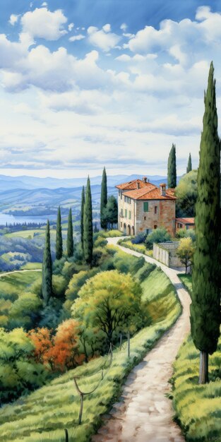 Photo charming rural landscape with cypress trees detailed architecture painting