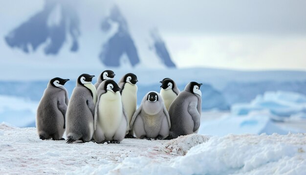 Photo a charming scene of emperor penguins huddled together against the stark