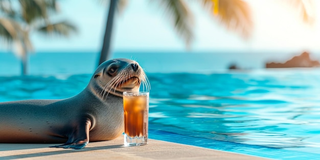 Очаровательный тюлень с коктейлем в бассейне тропического курорта