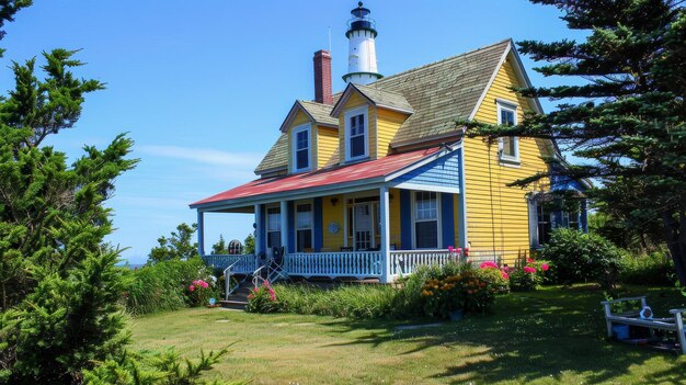 Foto un affascinante cottage al mare con un portico avvolto e vista sul faro. illustrazione generata dall'ai