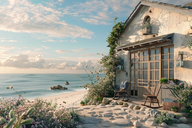 Foto affascinanti cottage sul mare con vista sulla spiaggia sabbiosa