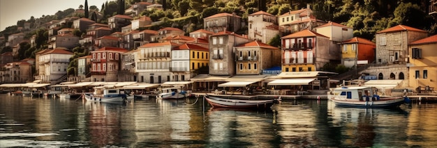 A charming seaside town on a quiet bay Horizontal banner AI generated