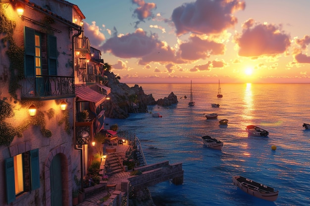 A charming seaside village at sunset