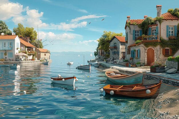 Charming seaside village with fishing boats