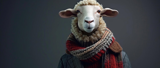 A charming sheep clad in a stylish sweater and jacket