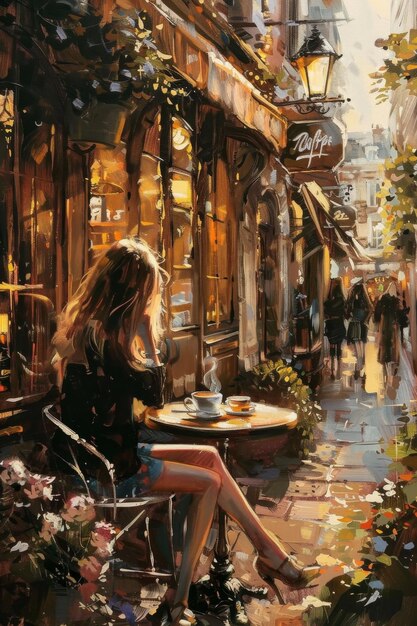 Photo in a charming sidewalk cafac a girl enjoys a cup of steaming coffee and a slice of decadent cake