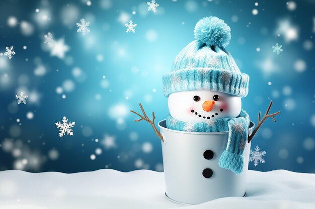 Charming Snowman with Silver Bucket Winter Christmas 3D Cartoon Background gecreëerd met generatieve A