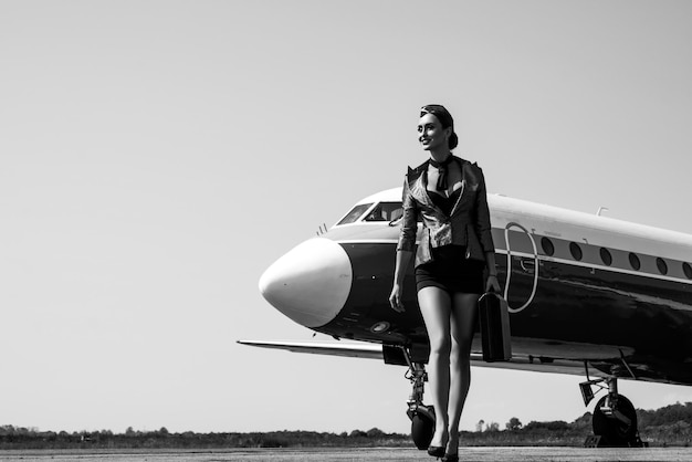 青い制服を着た魅力的なスチュワーデス美しいスチュワーデスの旅行とジェット飛行機の飛行濃度