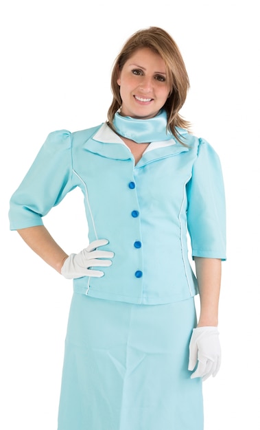 Hostess affascinante vestita in uniforme blu