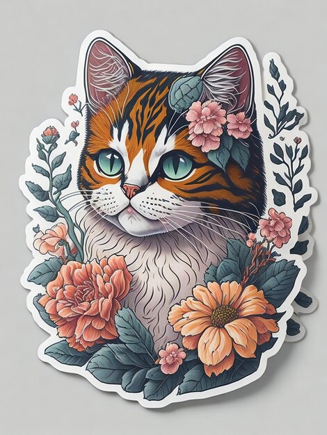 A charming sticker design capturing the cute face of a cat with flowers blooming in the background