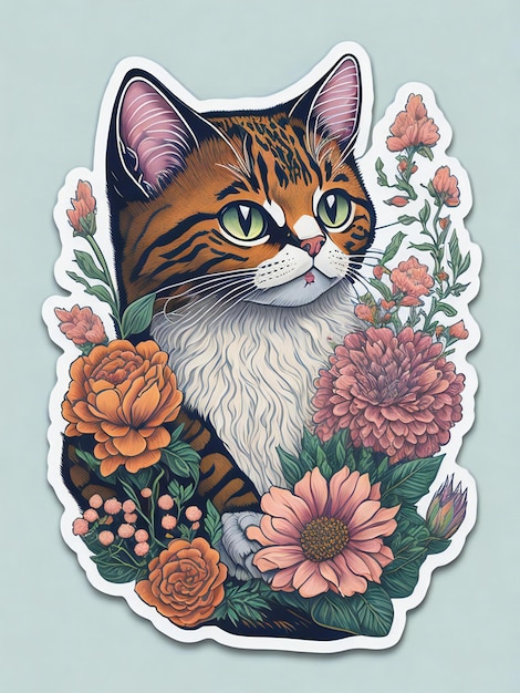 Очаровательная наклейка с изображением милой мордочки кота на фоне цветущих цветов.
