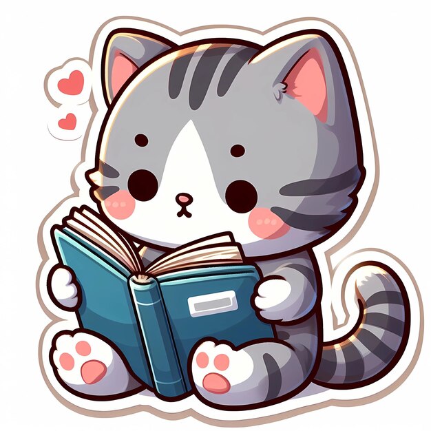 Photo a charming sticker vektor features an adorable kitten engrossed in reading a book white background