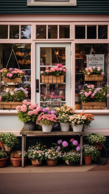 독특 한 표지판 과 다채로운 꽃 을 가진 꽃 가게 의 매력적 인 상점 앞