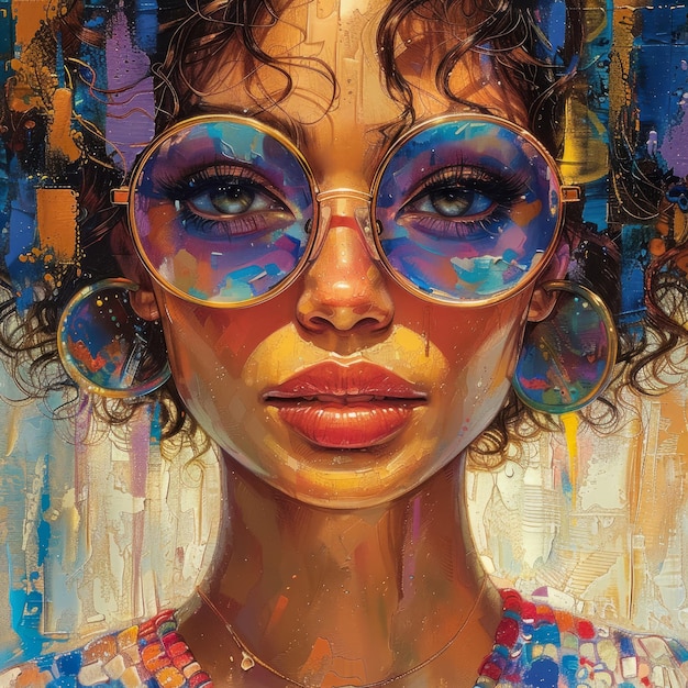 A charming summer girl her sunglasses a canvas displaying the colorful chaos of a summer carnival