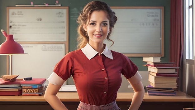 Photo charming teacher next to desk counting activity