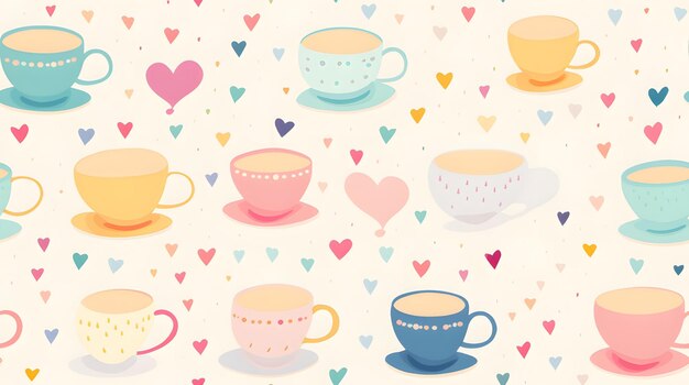 Charming teacups and saucers in pastel colors on a cream background