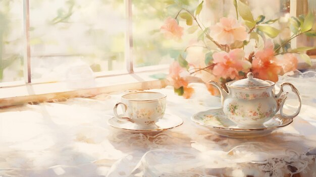 Photo charming tearoom watercolor and ink teatime serenity