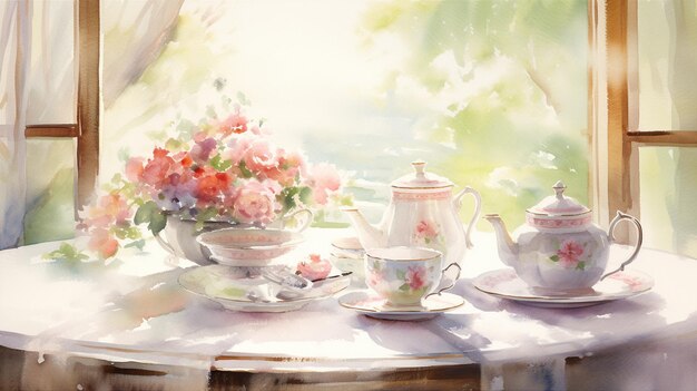 Photo charming tearoom watercolor and ink teatime serenity