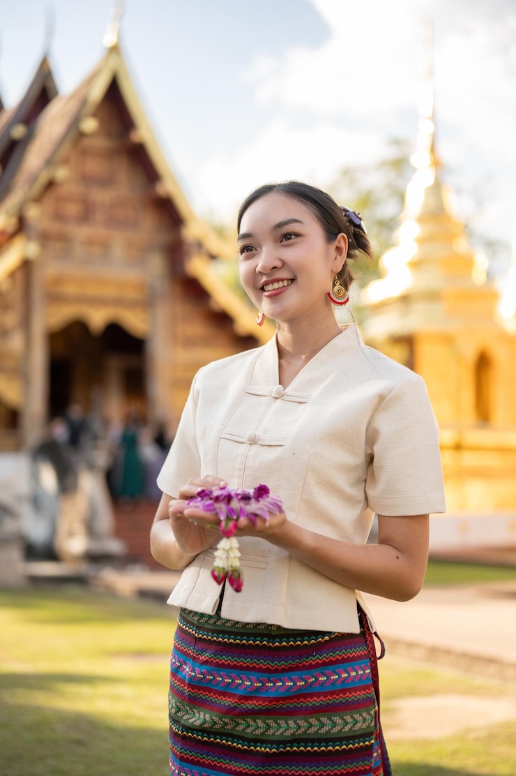Photo 伝統的なタイのラナのドレスを着た魅力的なタイの女性が美しい礼拝堂の前に立っています