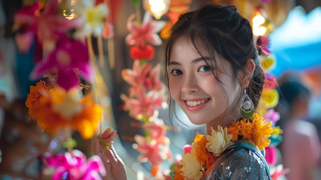 Очаровательная тайская женщина с увлекательной улыбкой в окружении цветов фестиваля Сонгкран