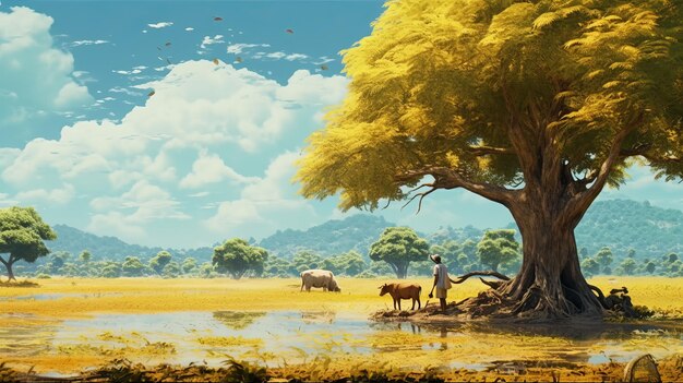 Photo charming tree and cattle illustration in cinema4d style