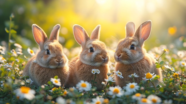 Charming trio of rabbits among spring daisies at golden hour for greeting cards nature blogs
