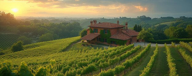 Foto un affascinante vigneto toscano con file di viti sullo sfondo