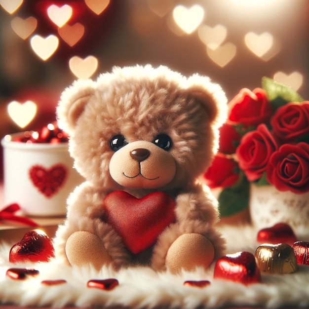 Charming Valentines Day theme with a teddy bear surrounded by heartshaped chocolates and roses