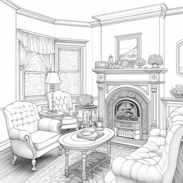 Photo charming victorian living room a cozy coloring page with black line art on a white background