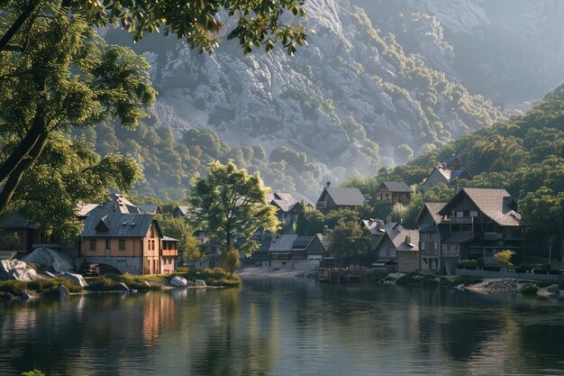 A charming village nestled beside a river