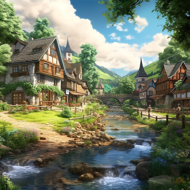 A charming village nestled in a valley illustration