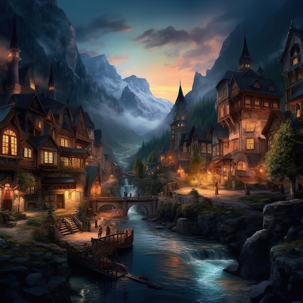 Очаровательная деревня, расположенная в долине, иллюстрация