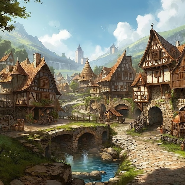 A charming village nestled in a valley illustration