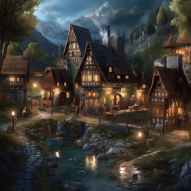 A charming village nestled in a valley illustration