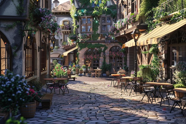 A charming village square with outdoor cafes