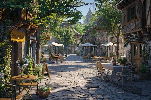 屋外のカフェがある魅力的な村の広場
