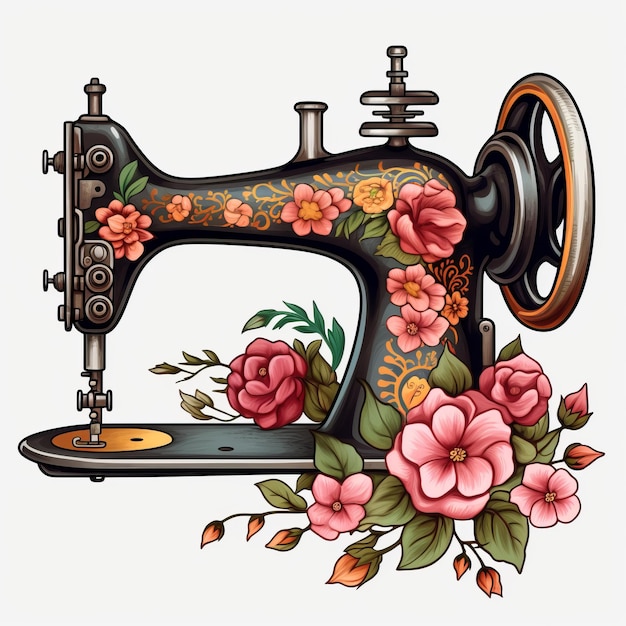 Charming Vintage Sewing Machine Blooming Flowers Elegant Sticker Design without Outline or Backgro