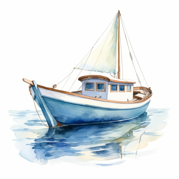 Фото Очаровательная акварельная лодка с светлым индиговым парусом