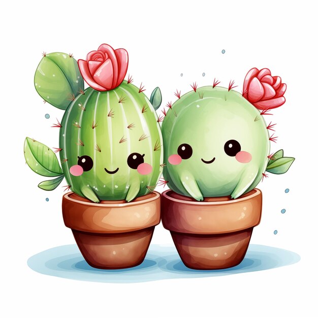 Photo charming watercolor cacti with smiling faces in terracotta pots perfect for a cheerful decor