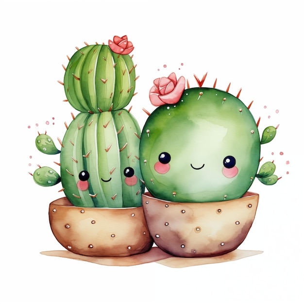 Photo charming watercolor cacti with smiling faces in terracotta pots perfect for a cheerful decor