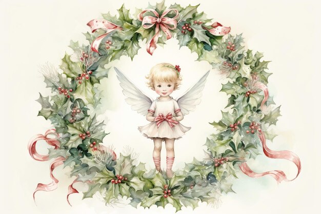 Charming watercolor illustration with angel of a vintage Christmas wreath