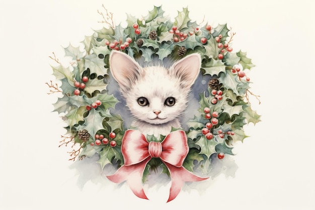 Charming watercolor illustration with cat of a vintage Christmas wreath