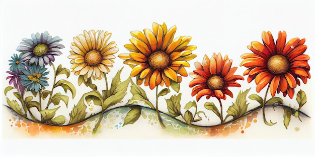 Charming Watercolor Painting of a Daisy Chain in Bright and Bold Colors for Invitations and