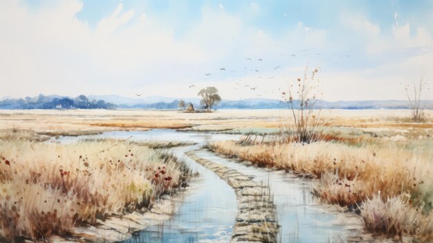 Photo charming watercolor painting of a serene stream in a marshy landscape