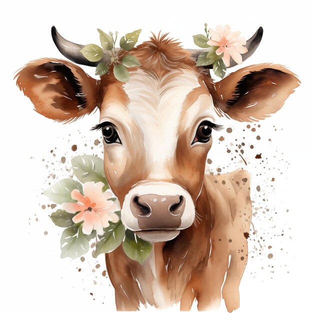Очаровательный акварельный портрет коровы с цветочной короной
