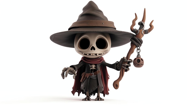 A charming and whimsical 3D rendered image of a cute necromancer character set against a clean white background This enchanting and unique illustration is perfect for adding a touch of mag