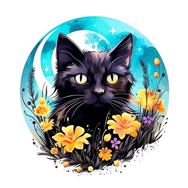 charming and whimsical design featuring a single cat and flowers