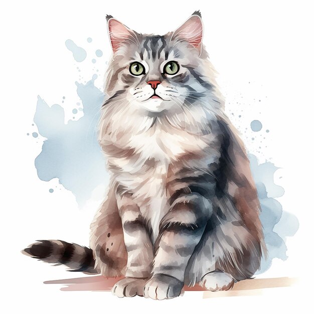 Charming White Background Cat Watercolor Illustration